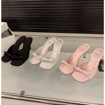 Xajzpa New Women's Slipper Mules Low High Heels Shoes Summer Best Street Look Females Square Head Open Toe Bow Strappy Sandals